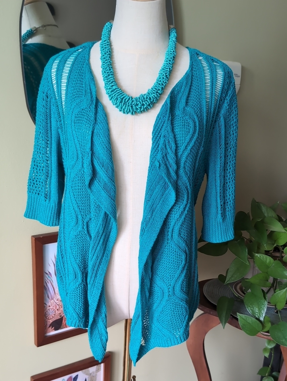 Ruby Rd. Women's Size Petite Medium Blue Knit Short Sleeve Open Front Cardigan